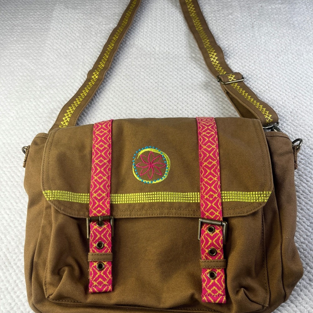 American Girl Brown Canvas Messenger Bag Crossbody Embroidered Boho Kids